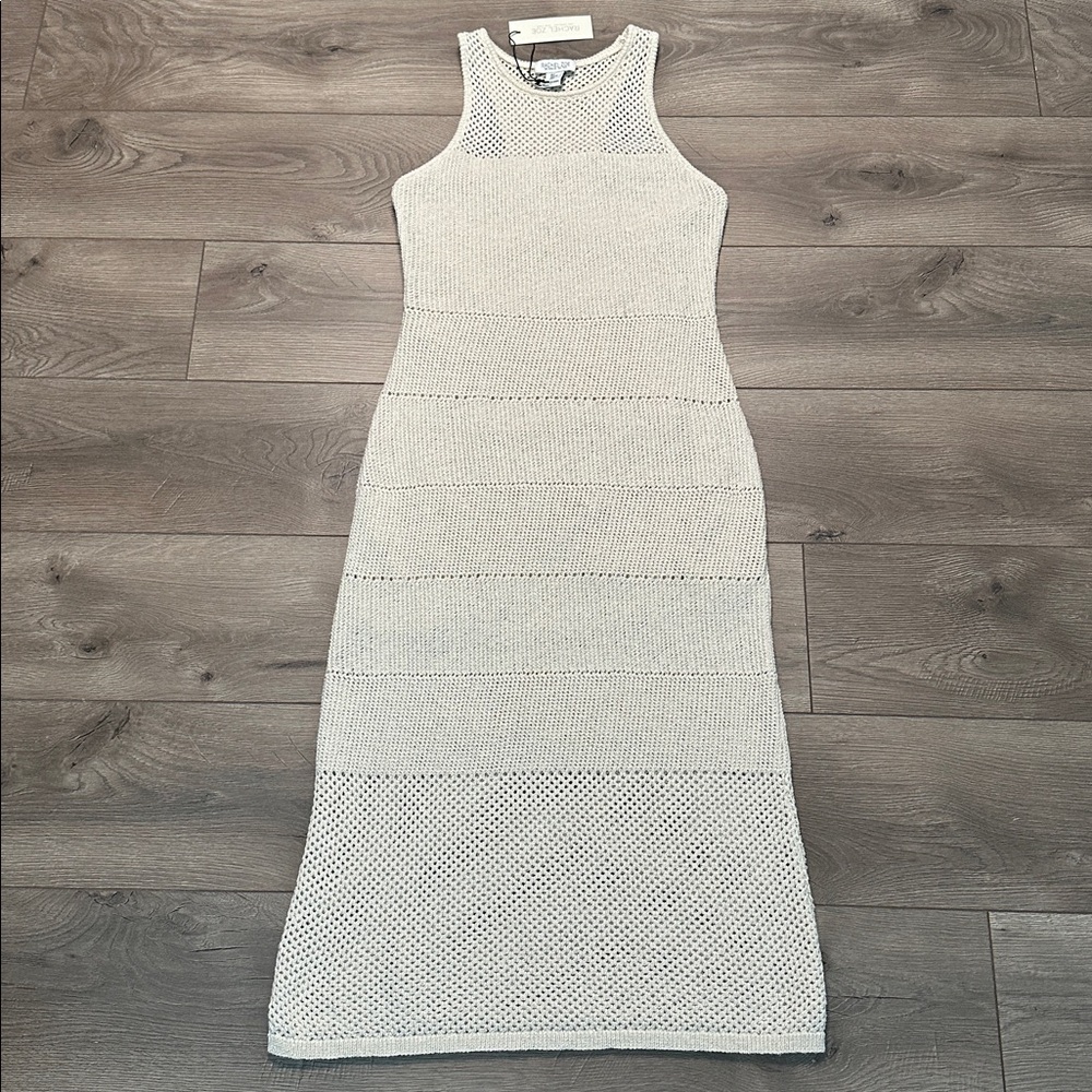 Rachel Zoe Crochet Bodycon Maxi‎ Dress Metallic Tan Size Large - Picture 4 of 16